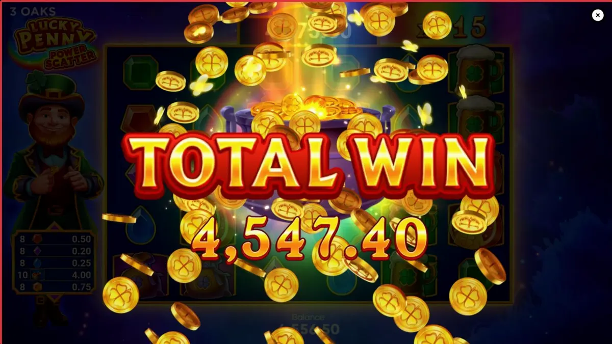Interface do jogo Lucky Penny Power Scatter com tema irlandês e leprechaun