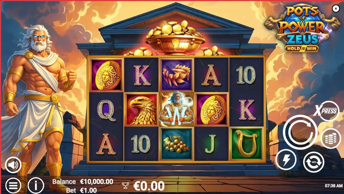 Interface do slot Pots of Power: Zeus com tema mitológico grego