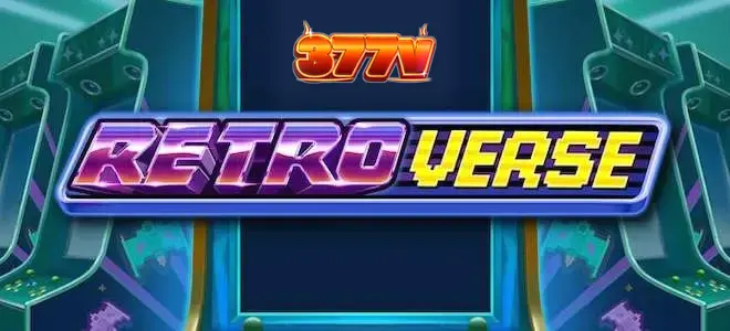 Interface vibrante e futurista do jogo RetroVerse com símbolos neon em uma grade de 6 rolos.